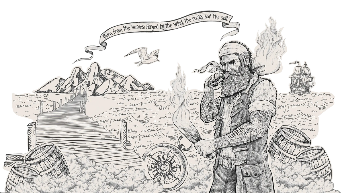Illustration of a bearded sailor by barrels with a banner and mountain background